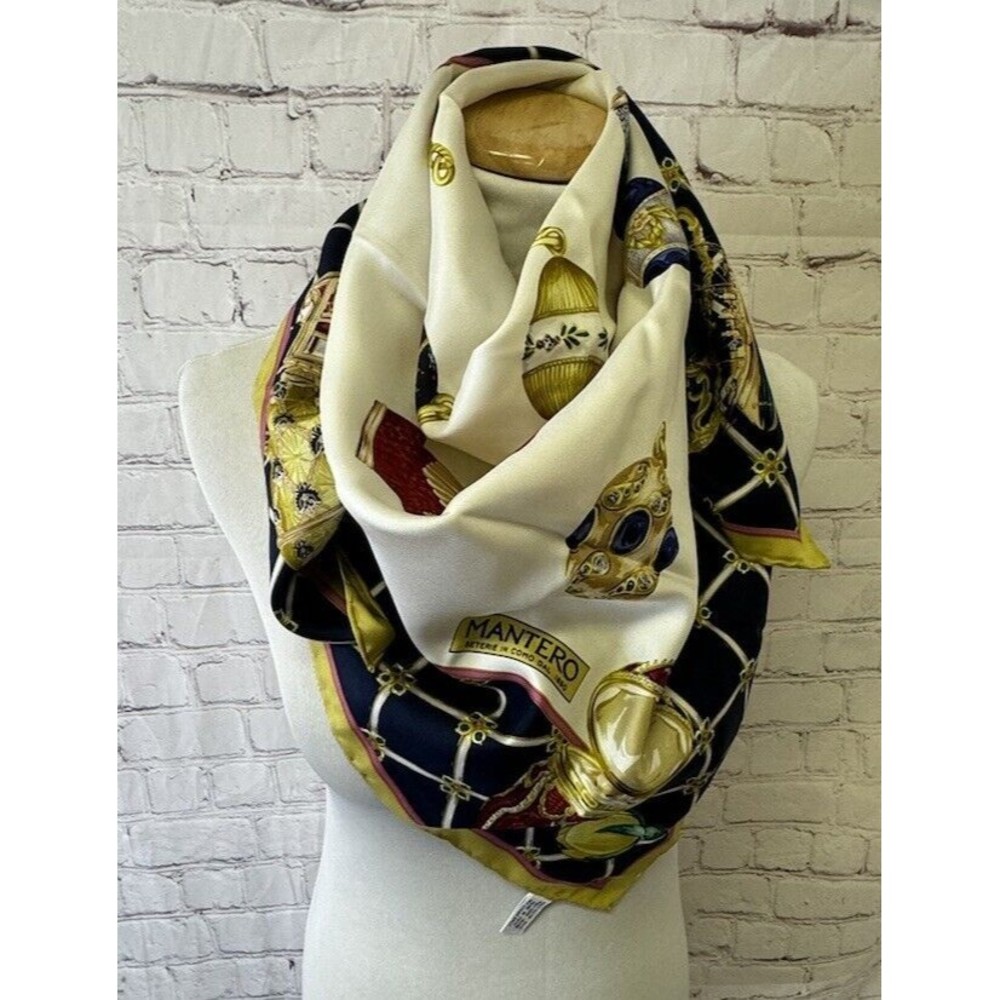 Vintage MANTERO Scarf, Italian Silk Faberge Egg Charms Print Navy Blue White